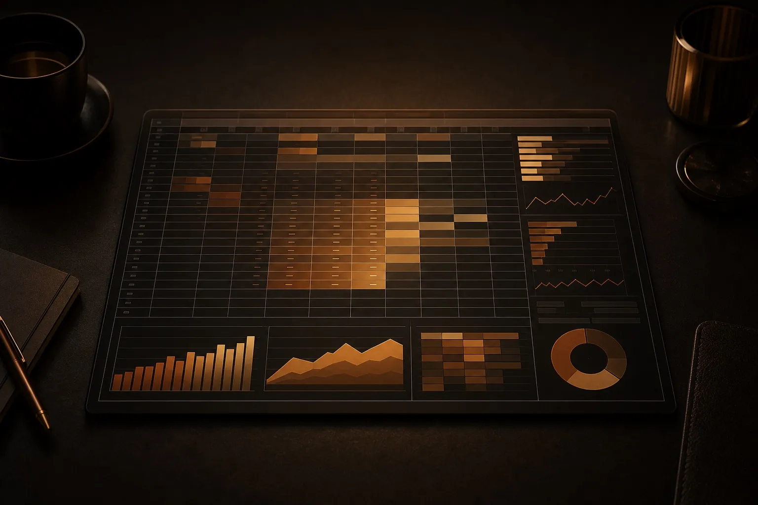 Dark workspace-style spreadsheet interface with warm amber charts and panels, suggesting ChatGPT-assisted analysis inside Excel and Google Sheets.