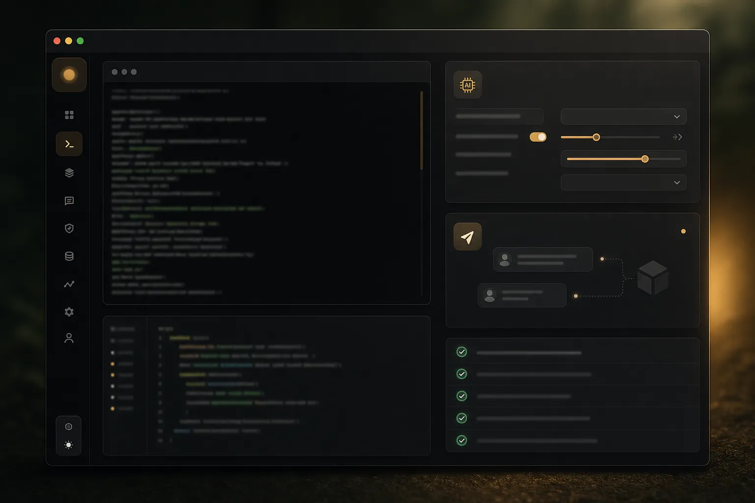 Σκούρο workspace με terminal, model settings, Telegram gateway και checklist εγκατάστασης για Hermes Agent, χωρίς κείμενο ή λογότυπα.